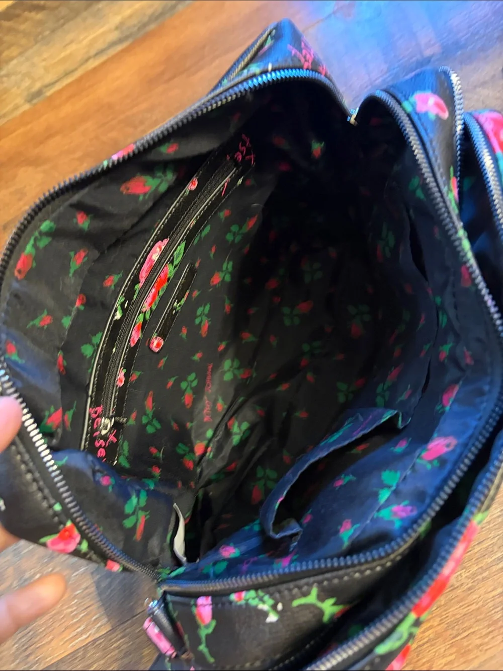Betsey Johnson Black Cosmetic Pouch with Pink Floral Print